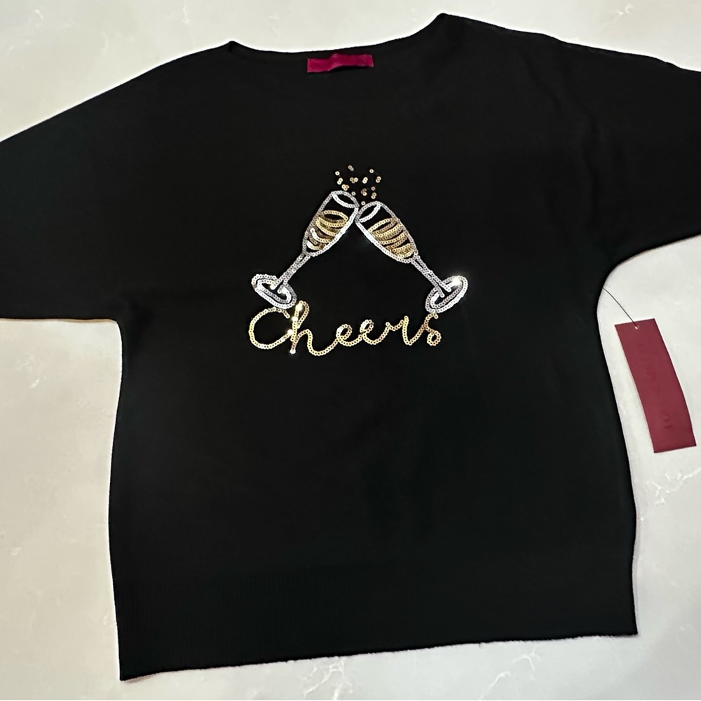 NWT Love Scarlett Cheers Black Knit Sweater, 3/4 shelves, Medium